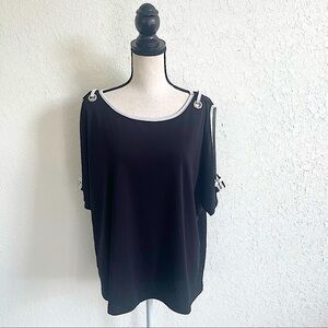 CARMEN MARC VALVO Black White Plus Size Cold Shoulder Short Sleeve Top 1X